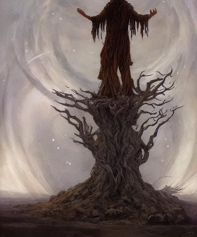 Image similar to a druid standing in a circle at the beginning of the world by alan lee and peter mohrbacher