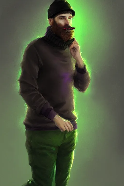 Prompt: a young man with a chin - style brown beard in black cap, light green turtleneck, purple pants and in a white sneakers, decorated, high fantasy, sharp focus, intricate, elegant, digital painting, artstation, matte, highly detailed, concept art, illustration, ambient lighting, art by bastien deharme