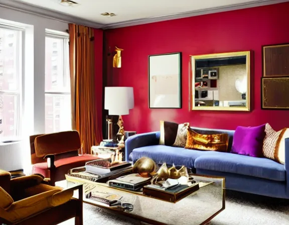 Prompt: apartment designed by nate berkus, rich royal colors