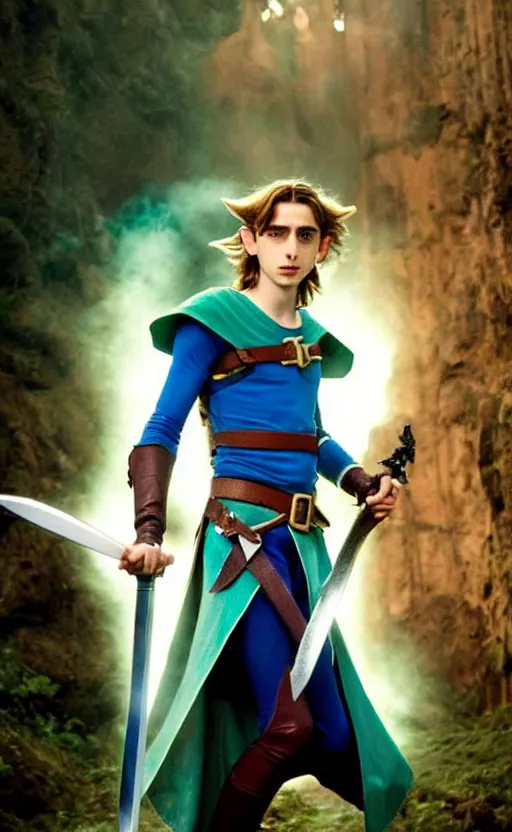 Image similar to epic cinemati shot of Timothee Chalamet starring as Link from Legend of Zelda, 8k movie scene, elf ears, long blonde blonde hair, green clothes, blue eyes, ++++++ super super super dynamic action posing, super serious facial expression, holding a sword & shield, ocarina of time movie, concept photos, dynamic lighting, dynamic shaders, night time, in the forest, fairy light above him