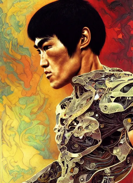 Prompt: bruce lee as a organic cyborg, diffuse lighting, fantasy, intricate, elegant, highly detailed, lifelike, photorealistic, digital painting, artstation, illustration, concept art, smooth, sharp focus, art by john collier and albert aublet and krenz cushart and artem demura and alphonse mucha