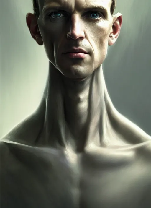 Image similar to mark zukerberg as male android!!!, pale, lifeless, portrait, intricate, elegant, highly detailed, digital painting, artstation, concept art, wallpaper, smooth, sharp focus, illustration, art by h. r. giger and artgerm and greg rutkowski and alphonse mucha