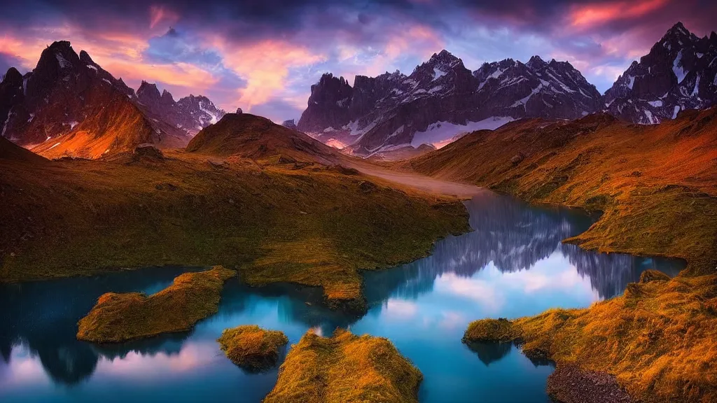 Image similar to amazing landscape photo of mountains with lake in sunset by marc adamus, beautiful dramatic lighting