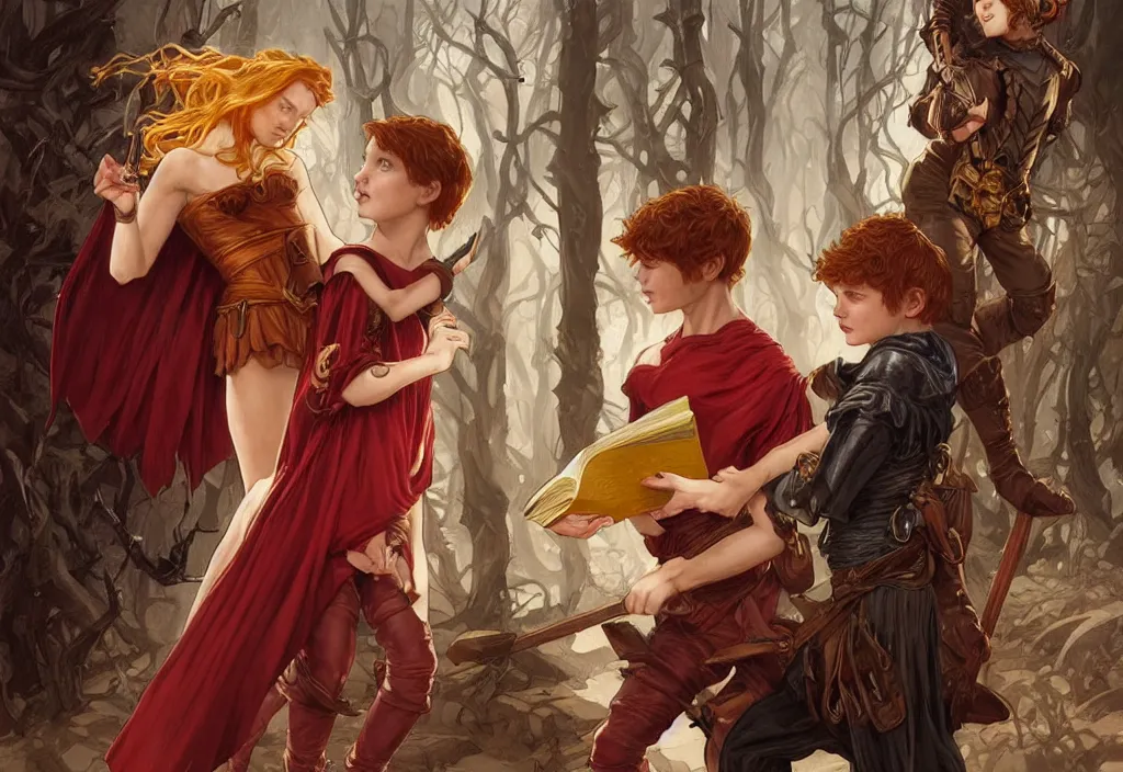 Image similar to an epic fantasy comic book style painting of a young red headed girl with a book in one arm meeting a young boy thief with blonde wearing plain brown leather thief clothes, d & d, fantasy, intricate, elegant, highly detailed, digital painting, artstation, concept art, matte, sharp focus, illustration, art by artgerm and greg rutkowski and alphonse mucha