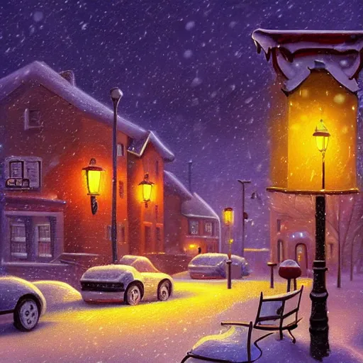 Prompt: town inspired by Evgeny Lushpin,winter,nighttime,post box,cinematic,art station