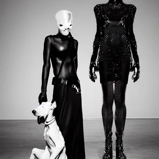 Image similar to fashion photography of an extraterrestrial model, holding a white doberman, wearing demobaza fashion, inside berghain, berlin fashion, harness, futuristic fashion, dark minimal outfit, photo 3 5 mm leica, hyperdetail, berghain, 8 k, very detailed, photo by nick knight