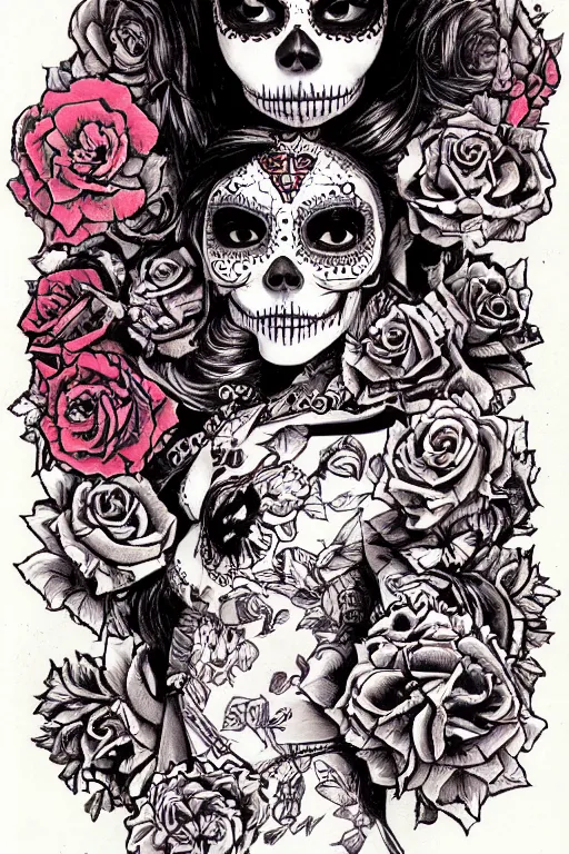 Prompt: illustration of a sugar skull day of the dead girl, art by katsuya terada