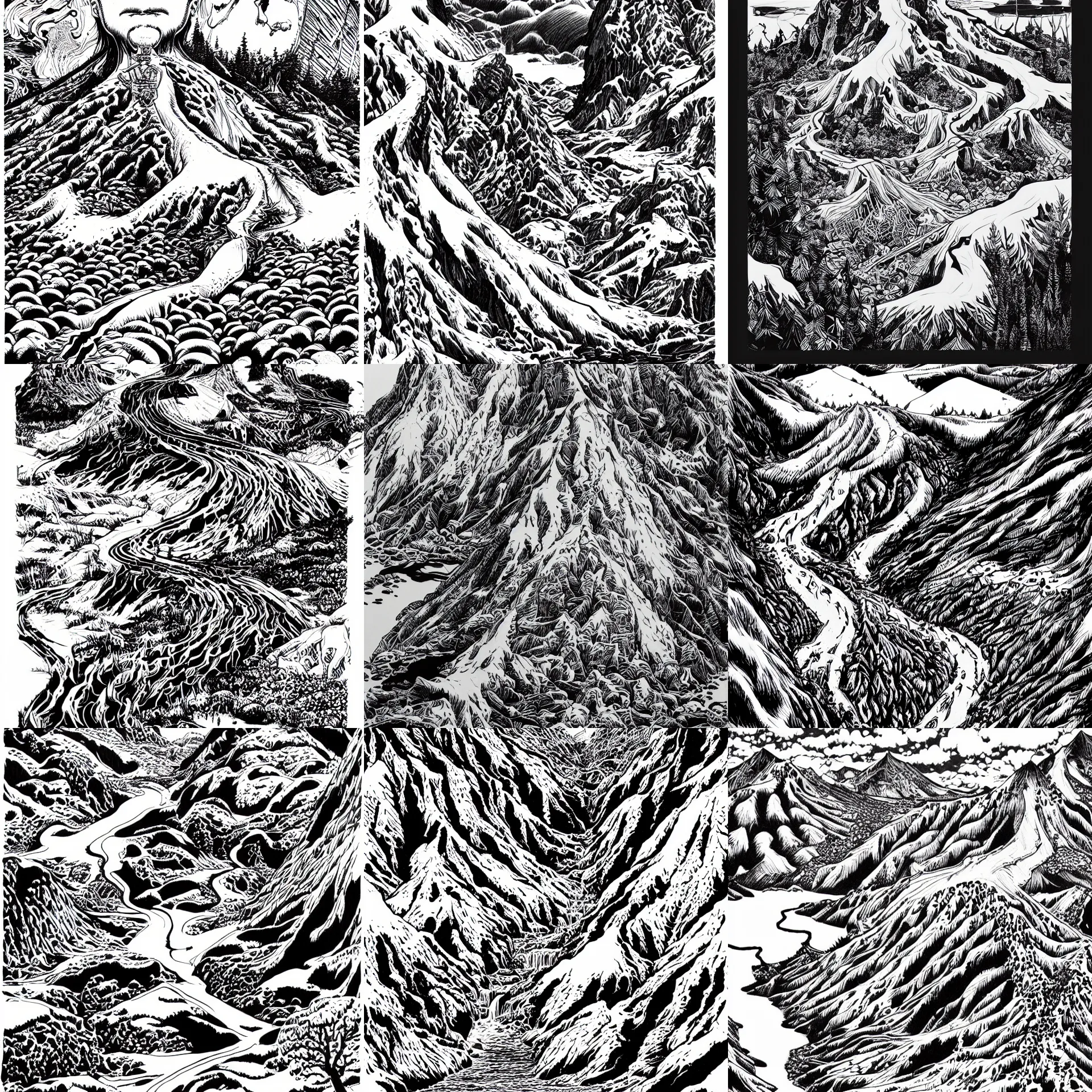 Prompt: highly detailed ink illustration of twin peaks, b & w clean shaped illustration by kim jung gi, ron english and eiichiro oda