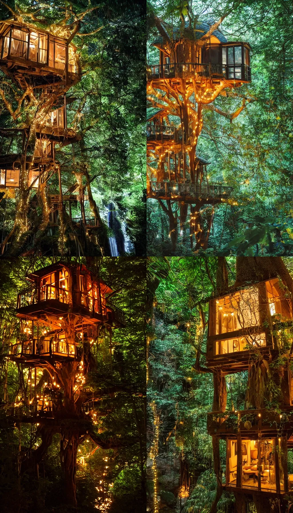 Prompt: interior architecture of a tree house within a large windowless room, fairy lights, waterfalls, plants