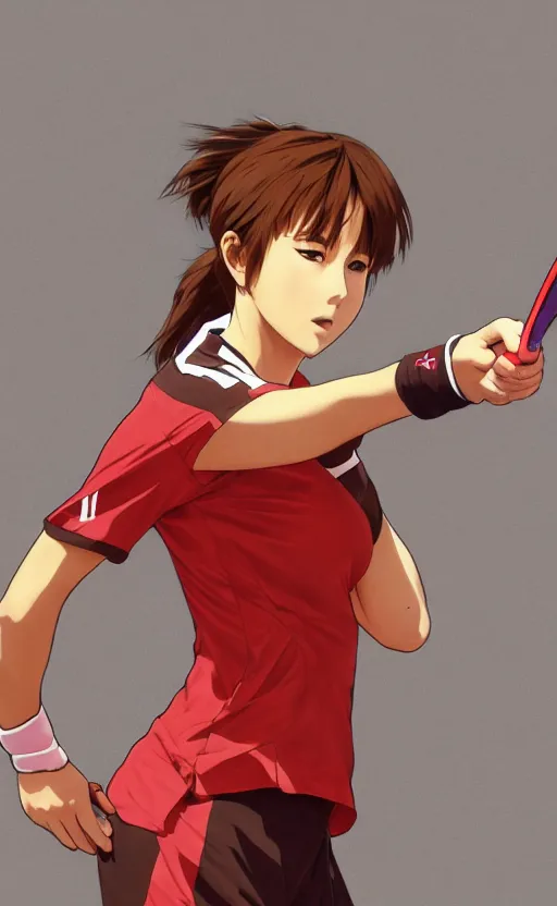 Image similar to anime style, female tennis player, red sport clothing, match point, brown short hair, hair down, symmetrical facial features, from arknights, hyper realistic, rule of thirds, extreme detail, 4 k drawing, safebooru, realistic lighting, by alphonse mucha, greg rutkowski, sharp focus, backlit