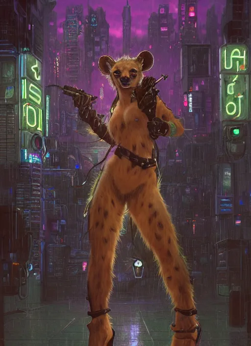 Image similar to beautiful full-body portrait commission of a [female furry anthro!!! spotted hyena fursona] [wearing jedi robes] [in a cyberpunk city at night in the rain]. Neon light. Atmospheric. Renowned character illustration by greg rutkowski, thomas kindkade, alphonse mucha, loish, norman rockwell. detailed, dungeons and dragons character art