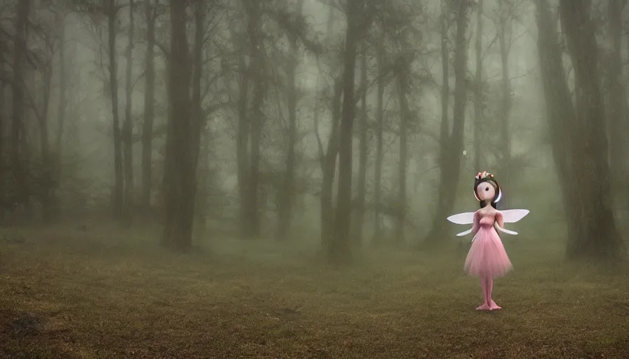 Prompt: a lonely single kawaii fairy in a eerie foggy forest, detailed, omnious atmosphere, symmetry body features, award winning