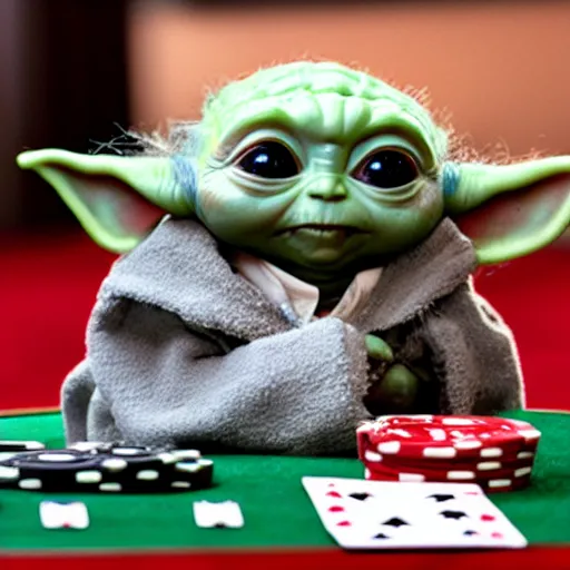 Image similar to baby yoda in a casino playing poker