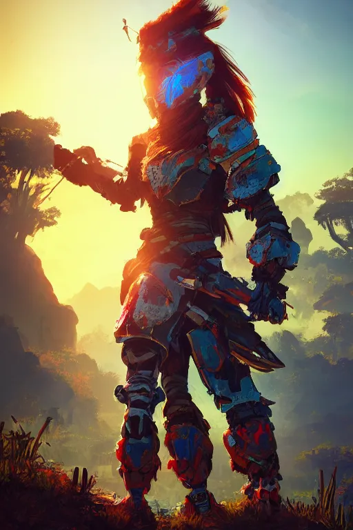 Image similar to combination suit armor aloy horizon forbidden west horizon zero dawn radiating a glowing aura global illumination ray tracing hdr fanart arstation by ian pesty and alena aenami artworks in 4 k tribal robot ninja mask helmet backpack