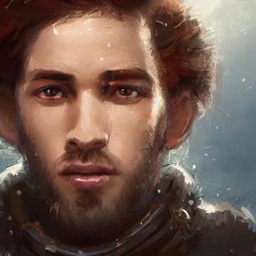 Prompt: masterpiece closeup portrait of a young man with short red hair in adventuring gear by Greg Rutkowski, 4k, masterpiece, cinematic, dungeons and dragons, detailed