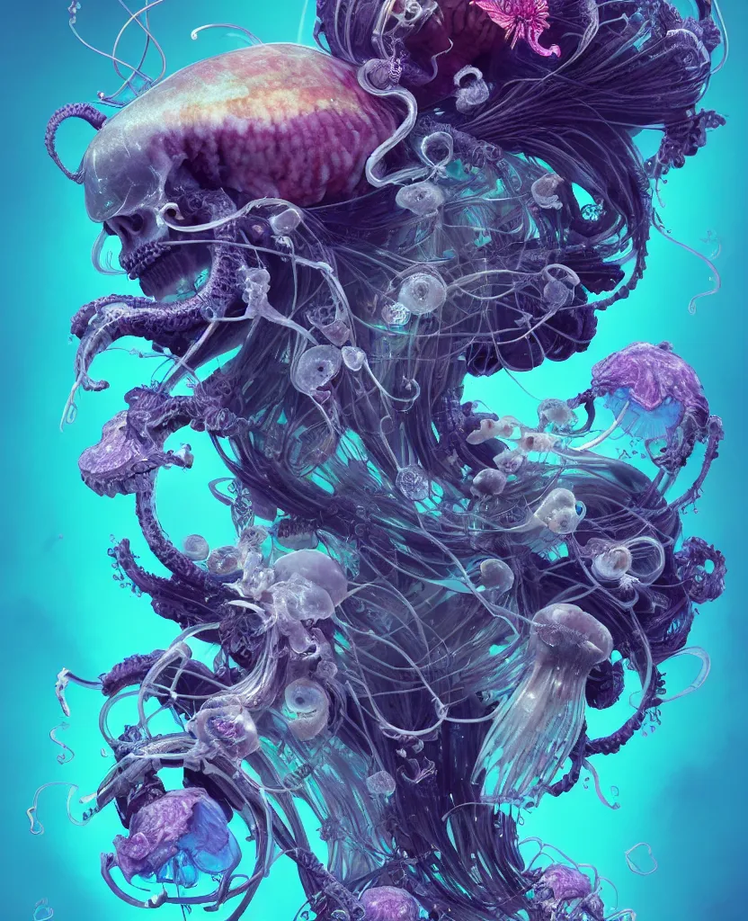 Image similar to goddess close-up portrait ram skull, thorax, x-ray, backbone, jellyfish phoenix head, nautilus, orchid, skull, betta fish, bioluminiscent creatures, intricate artwork by Tooth Wu and wlop and beeple. octane render, trending on artstation, greg rutkowski very coherent symmetrical artwork. cinematic, hyper realism, high detail, octane render, 8k