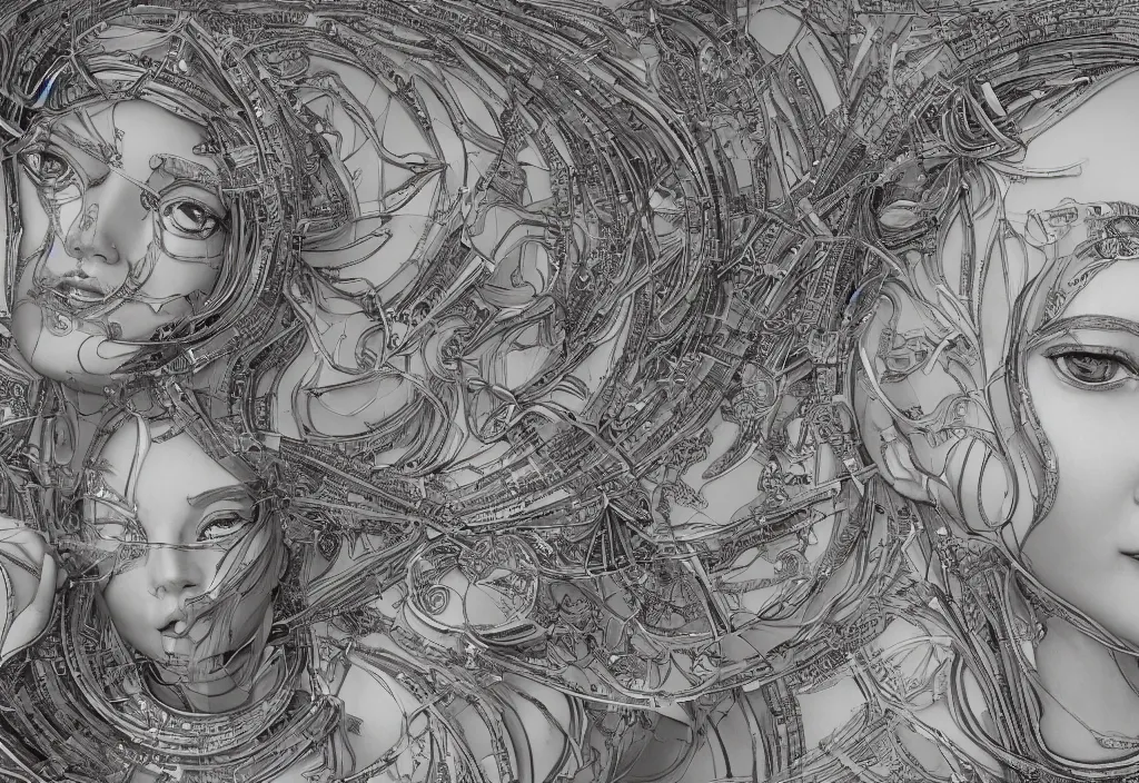 Prompt: The face of a very beautiful goddess radiating An artwork made from layers of technical drawings and architectural plans, very detailed and intricate with callout texts, leaders, arrows and bubbles by Kim Jung Gi, 8k, xparticles