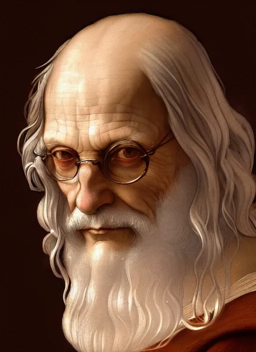 Image similar to renaissance painting depicting old male leonardo davinci, fantasy, intricate, elegant, highly detailed, digital painting, artstation, concept art, smooth, sharp focus, illustration, art by artgerm and greg rutkowski and alphonse mucha