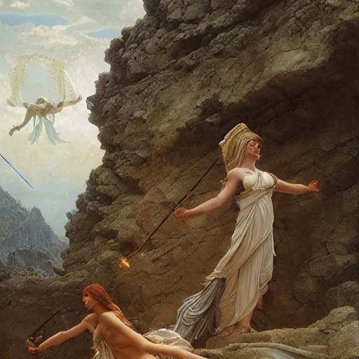 Image similar to From the head of Zeus birth of Athena, hyperrealism, no blur, 4k resolution, ultra detailed, style of Greg Rutkowski, Carlos Schwabe, Dragan Bibin, Carl Spitzweg, Georges Desvallières, Tyler Edlin