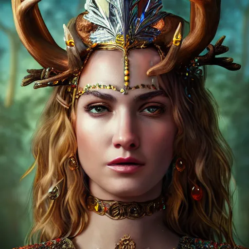 Image similar to highly detailed full body portrait of Artemis, goddess of the hunt and the moon, wearing a crown made of antlers, cinematic lightning, bright colors, intricate, masterpiece, photorealistic, hiperrealistic, sharp focus, high contrast, Artstation HQ, DeviantArt trending, 4k UHD, Unreal Engine 5