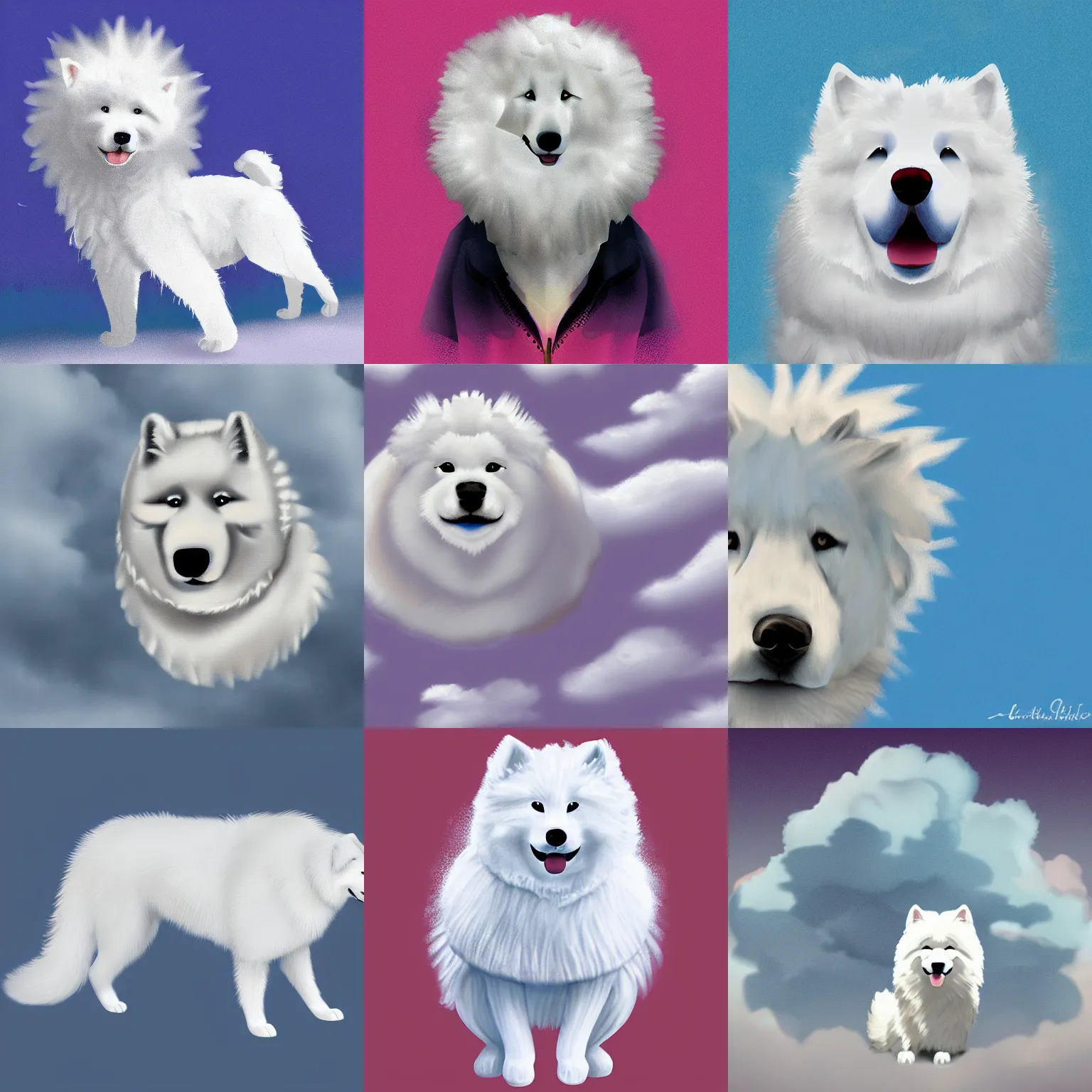 Prompt: a samoyed made of clouds, fur made of clouds, digital art