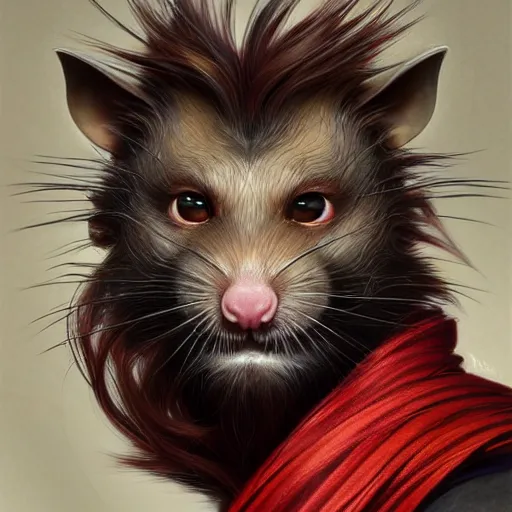 Image similar to portrait of a rat with a humanoid face, male, handsome, full body, furry chest, red hair, long hair, soft hair, fantasy, red kimono, intricate, elegant, highly detailed, suit, digital painting, artstation, concept art, character art, smooth, sharp focus, illustration, art by artgerm and greg rutkowski and alphonse mucha
