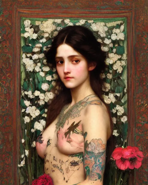 Prompt: a beautiful girl with tattoos surrounded by flowers orientalist intricate portrait by john william waterhouse and edwin longsden long and theodore ralli and nasreddine dinet, oil on canvas. cinematic, hyper realism, dramatic lighting, high detail 8 k