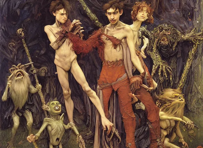 Prompt: jim henson's labyrinth. five goblins. by edgar maxence and caravaggio and michael whelan and delacroix style, artistic