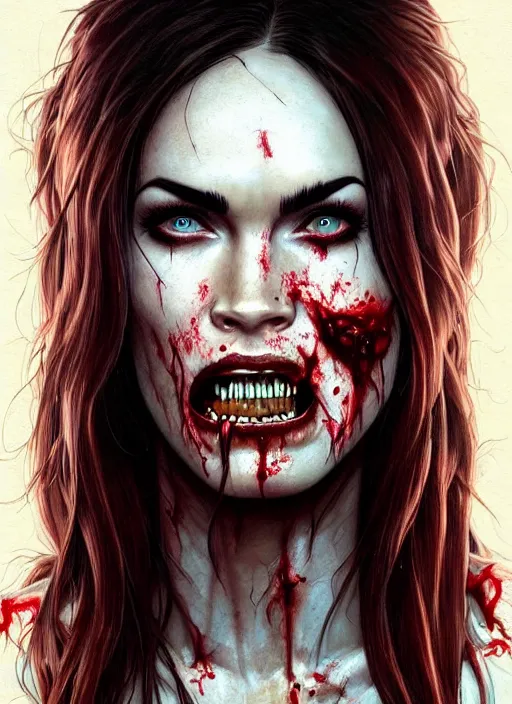 Prompt: portrait of megan fox as bloodthirsty damaged toothsome zombie, once upon a time, open mouth with sharp bloody teeth, intricate, headshot, highly detailed, digital painting, artstation, concept art, sharp focus, cinematic lighting, illustration, art by artgerm and greg rutkowski, alphonse mucha, cgsociety