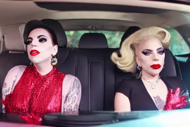 Image similar to lady gaga and judy garland in carpool karaoke, lady gaga, judy garland, red weapon 8 k s 3 5, cooke anamorphic / i lenses, highly detailed, cinematic lighting