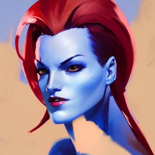Image similar to Greg Manchess portrait painting of Mystique as Overwatch character, medium shot, asymmetrical, profile picture, Organic Painting, sunny day, Matte Painting, bold shapes, hard edges, street art, trending on artstation, by Huang Guangjian and Gil Elvgren and Sachin Teng