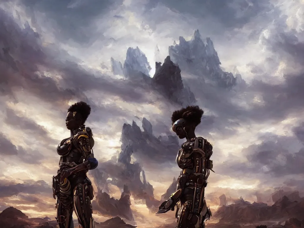 Prompt: a beautiful oil on canvas of a futuristic afrofuturistic warrior, detailed, beautiful, stunning, post - apocalyptic landscape in the background, epic sky, vray render, artstation,, pinterest, sci - fi, afrofuturism, 5 0 0 px models