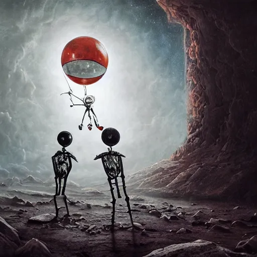 Prompt: michal karcz surrealism grunge drawing of the end of an astronaut happy in the galaxy. , in the style of jack skellington, in the style of a clown, loony toons style, horror theme, detailed, elegant, intricate, 4k, Renaissance painting