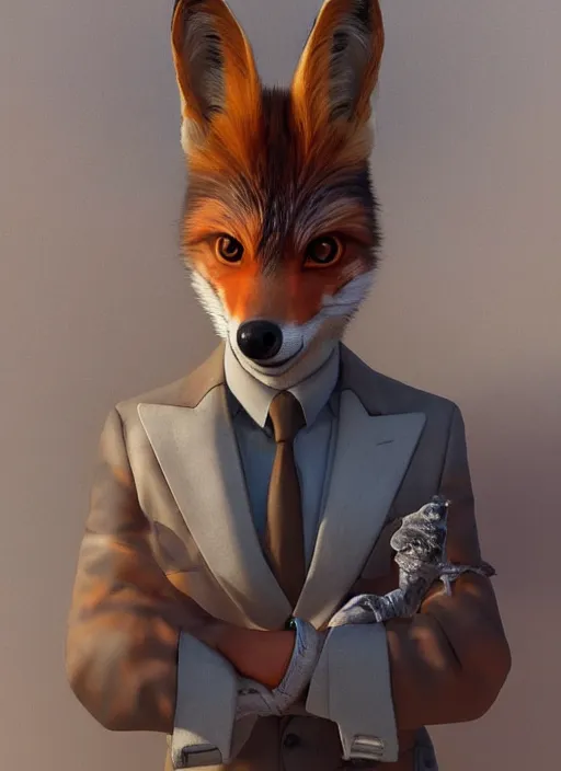 Image similar to polished vulpes vulpes fulva wearing suit : : furaffinity weta disney pixar movie still photo : : hi - fructose, sci fi, fantasy, decadent highly - detailed digital painting, golden ratio, octane render, artstation, smooth, sharp focus, artgerm, mucha, loish, wlop : :