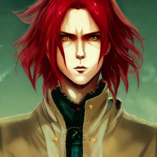 Image similar to headshot portrait of male anime character extremely sharp jaws slit yellow eyes medium length red hair inspired by tom hiddleston senyum palsu karakter anime by anato finnstark, tom bagshaw, brom