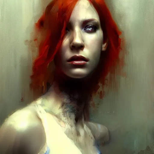 Prompt: detailed cinematic moody colors studio portrait of an attractive redhead cyborg female by jeremy mann