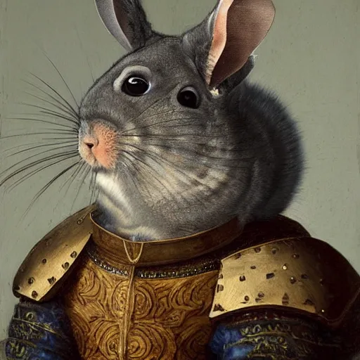 Prompt: renaissance portrait painting of a chinchilla in a suit of armor, artstation, highly detailed