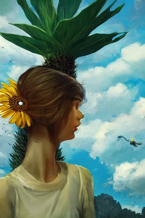 Prompt: closeup, girl with giant daisy flower head, between monsteras, surreal photography, wind and cold, dramatic sky, impressionist painting, digital painting, artstation, simon stalenhag