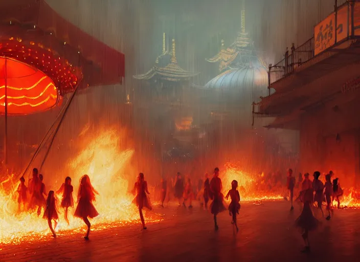 Prompt: young girls running through small carnival amusement on fire, inferno flames, motion blur, food stalls, big top circus tent, roaming entertainers, bloom, heavy fog, highly detailed, magical, japan mountains, digital painting, concept art, matte, art by ruan jia and wlop and greg rutkowski and makoto shinkai, masterpiece