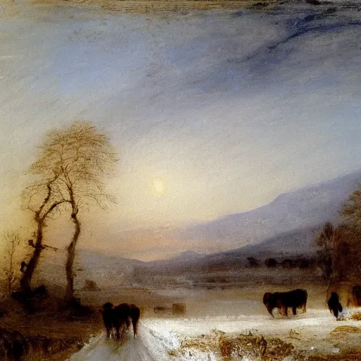 Image similar to rural winter scene by jmw turner, evening light, oil on canvas