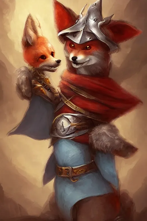 Image similar to cute little anthropomorphic foxy knight wearing a cape and a crown, tiny, small, miniature fox, baby animal, short, pale blue armor, cute and adorable, pretty, beautiful, DnD character art portrait, matte fantasy painting, DeviantArt Artstation, by Jason Felix by Steve Argyle by Tyler Jacobson by Peter Mohrbacher, cinematic lighting