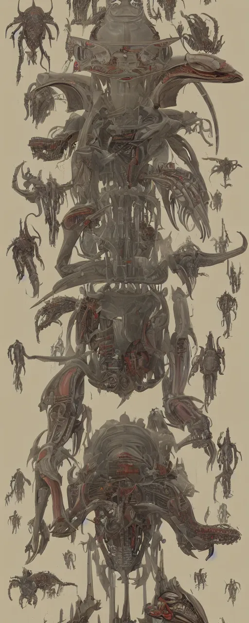 Image similar to schematic diagram of alien boss, biology, book, page, detailed, cross section, trending on artstation, cgsociety, Ralph McQuarrie and Greg Rutkowski