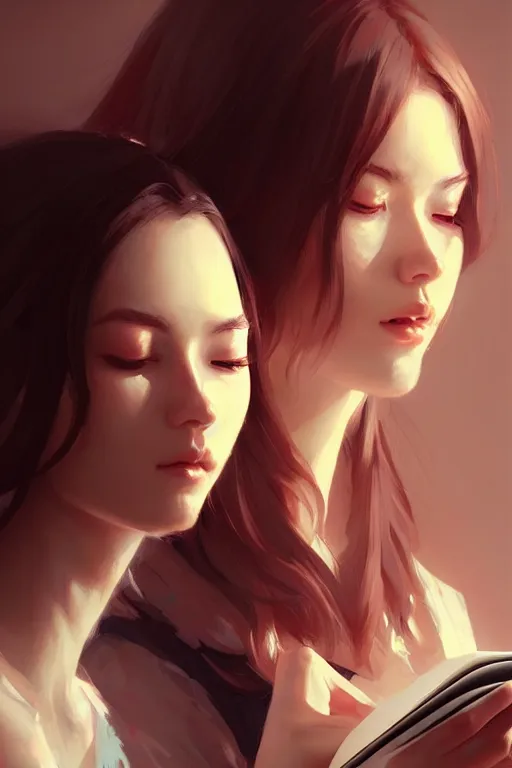 Prompt: portrait of two wise and very beautiful women reviewing some texts, art by guweiz, elegant, highly detailed, smooth, sharp focus, artstation