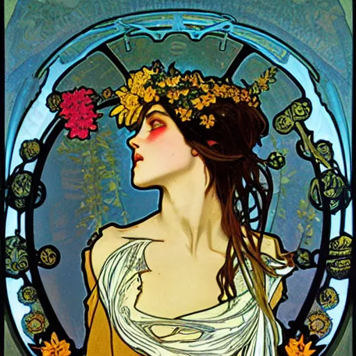 Prompt: persephone as godess of hell and flowers, painted by alphonse mucha