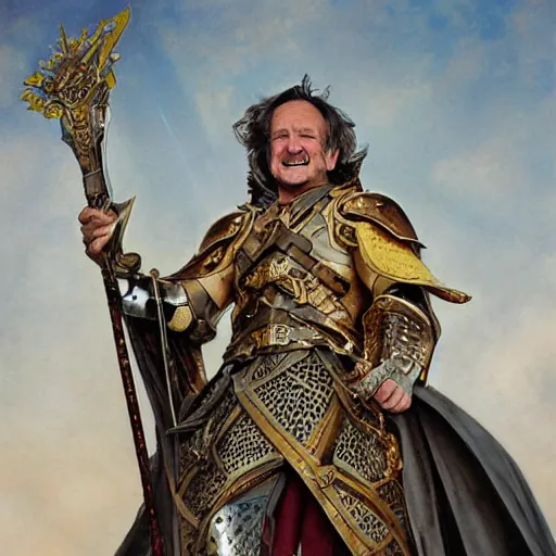 Image similar to an ultradetailed portrait of robin williams dressed as a fantasy holy paladin, carrying a large tower shield, d & d, fantasy, intricate, elegant, highly detailed, digital painting, matte, sharp focus, illustration, plate armor, god rays, art by john collier and albert aublet and krenz cushart and artem demura and alphonse mucha