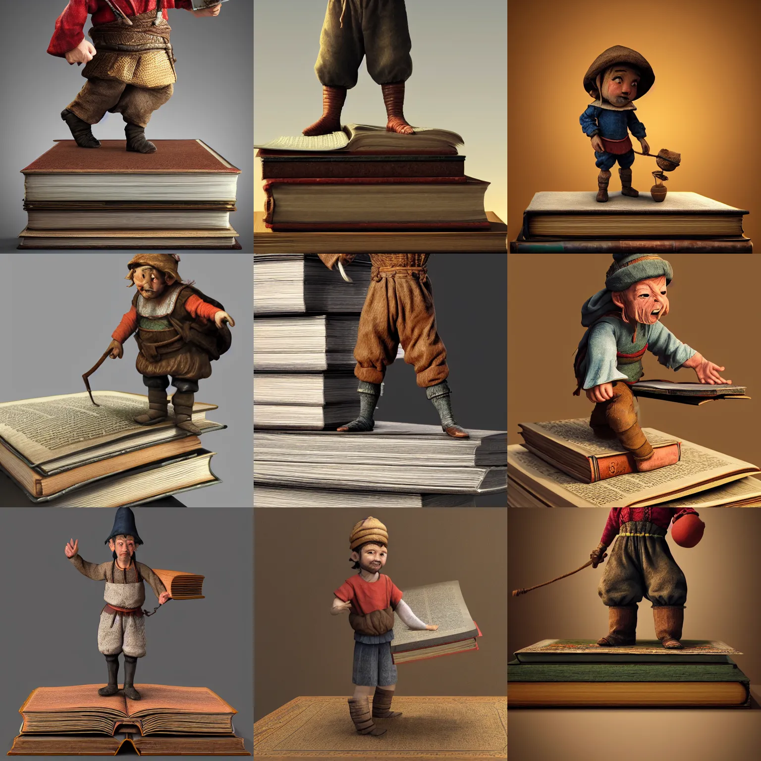 Prompt: a realistic diminutive peasant figurine standing on a giant book, realistic, 3 d render, behance, octane render, glossy, reflecting,