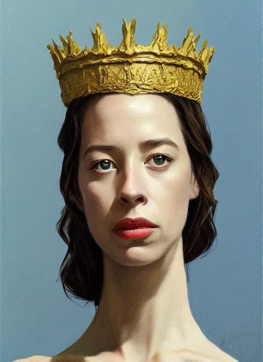 Image similar to rebecca hall portrait wearing golden metal crown by edward hopper and james gilleard, zdzislaw beksinski, highly detailed