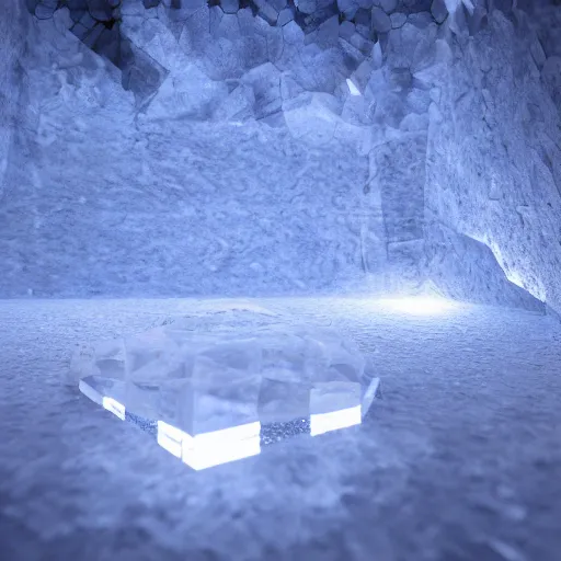 Prompt: subtle glowing crystal, 3d render, resting on the ground of a cerulean cave, walls of ice and bone, realistic, anime inspired, high octant render, smooth lighting,