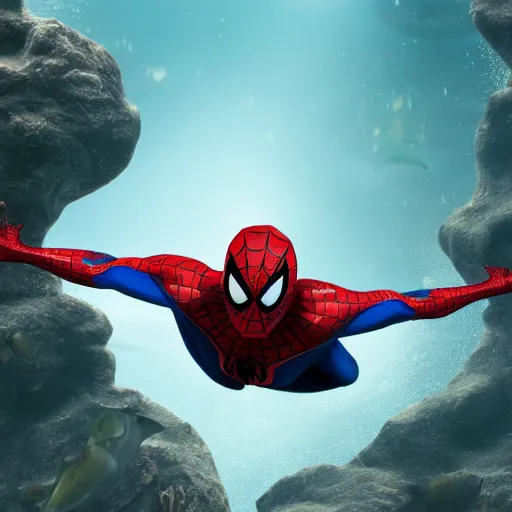 Prompt: spiderman underwater, 3 d render, unreal engine, octane render, ray tracing, unity, highly detailed, high quality, hd, 4 k, 8 k, realistic, sharp, trending