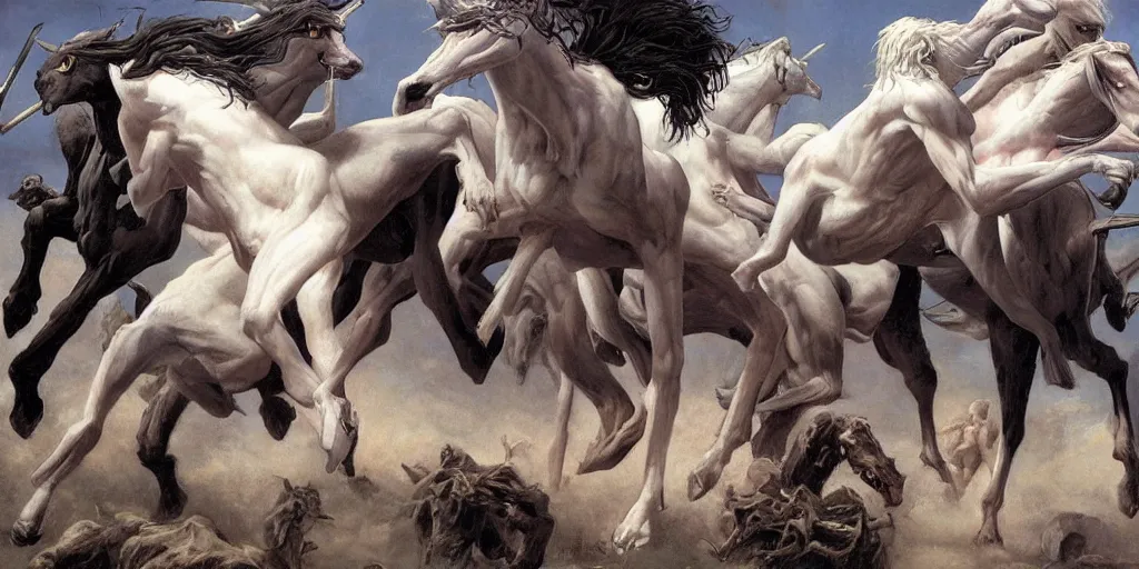 Image similar to albino centaurs fighting with black centaurs by gerald brom, hyper realistic,